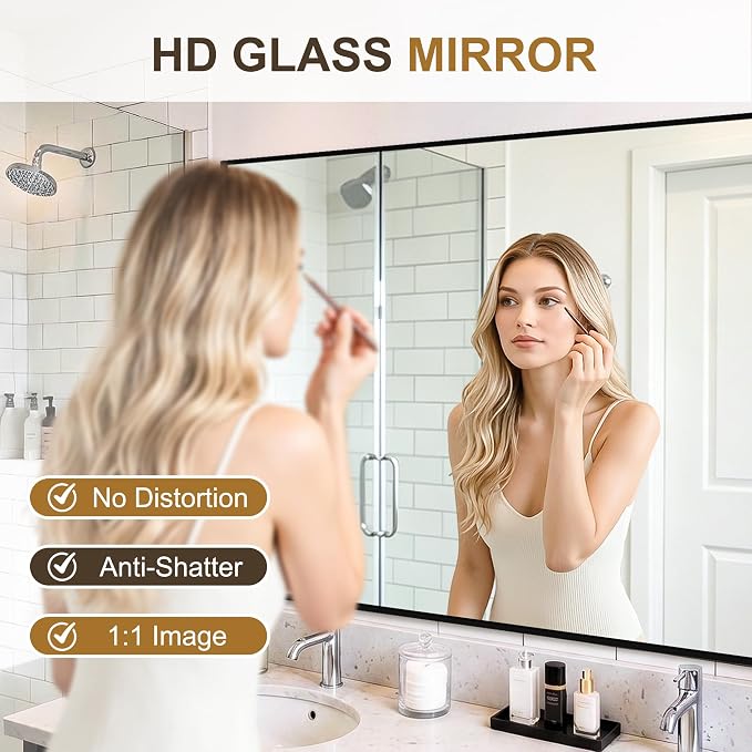 Rectangular Bathroom Mirror, 60"x30" Black Metal Framed Vanity Mirror | HD Shatterproof Wall Mirror, Horizontal or Vertical Hanging, Easy Installation for Bathroom, Bedroom, Living Room, Entryway