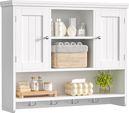 Bathroom Wall Cabinet with Doors and Hooks, 3-Tier Wall Mounted Cabinet | Modern Medicine Cabinet with 3 Open Shelves, Over the Toilet Storage Cabinet for Kitchen, Laundry Room, Living Room, White