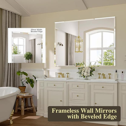 Frameless Bathroom Mirror, 18" x 26" Beveled Wall Mirror | 5mm HD glass, 20mm beveled edge, frameless, anti-rust, shatterproof, french cleat, horizontally or vertically
