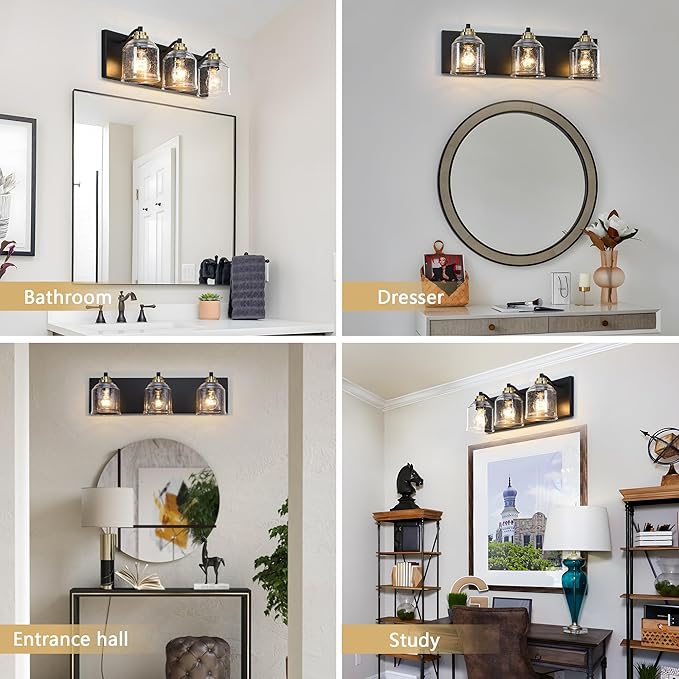 Vanity Lights for Bathroom Large 23", Farmhouse Rustic Vanity Light with Bubble Glass Shades, Black and Gold 3 Light Bathroom Lighting Fixtures Over Mirror, Bath Wall Sconce Home Decor