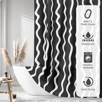 Tititex Cute Curvy Wavy Lines 140gsm Faux Linen Fabric Shower Curtain, Elegant Beige Black Wave Striped Shower Curtain Sets Decoration 72x72 Inch with Hooks