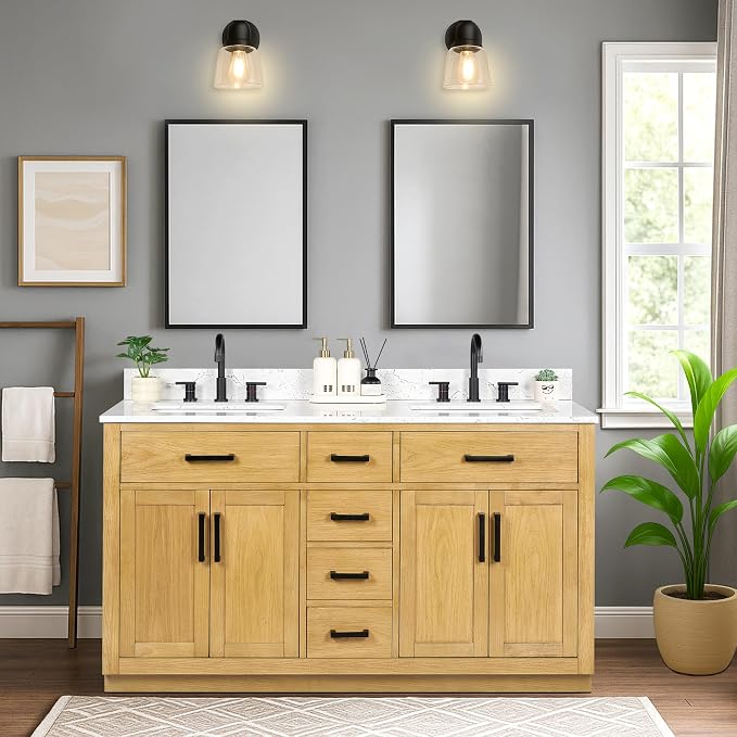 60-inch Natural Oak Bathroom Vanity with 2 Sinks, Solid Wood, 0.79-inch Stone Countertop and Backsplash, 6 Drawers, 4 Soft Closing Doors