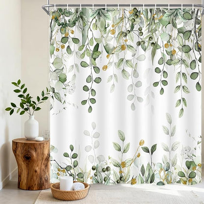Long Eucalyptus Shower Curtain 72X78 Inch, Sage Green Watercolor Plants Leaves Floral Tall Bathroom Curtains, Botanical Foliage Waterproof Fabric Cloth Shower Curtain Set with Hooks