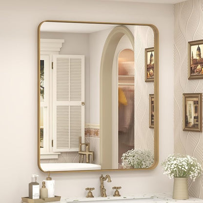 24x28 Inch Gold Bathroom Mirror for Wall | Brushed Metal Frame Gold Vanity Mirror, Rounded Rectangle Mirror, Shatterproof, Anti-Rust, Hangs Horizontal or Vertically