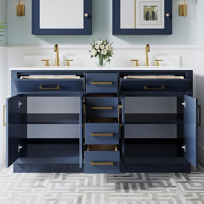 60-Inch Bathroom Vanity with Double Sinks W/ 4 Doors & 4 Drawers & 2 Flip Drawers, Navy Blue Vanity W/Brushed Gold Handles