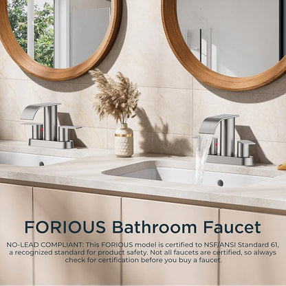FORIOUS Bathroom Faucet 4 Inch Centerset Two Handles 2 Pack Brushed Nickel | Waterfall Bathroom Sink Faucet 2 or 3 Hole with Pop up Drain and 24" cUPC Hose, Suitable for RV Vanity Lavatory and Restroom