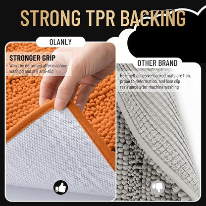 OLANLY Thick Bathroom Rugs 36x24, Soft Chenille Striped Bath Rugs, Clay | Rubber Backing, Machine Wash, Extra Absorbent Bath Mats for Bathroom Floor, Tub and Shower, Home Decor Accessories