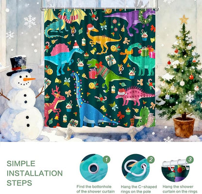 Shower Curtain Christmas, Green Kids Shower Curtain Santa's Hat Dinosaur Party Gift Box Cake Candy Jingling Bell String Light Xmas Theme Machine Wash Home Farmhouse Waterproof Decor Bathroom Curtain