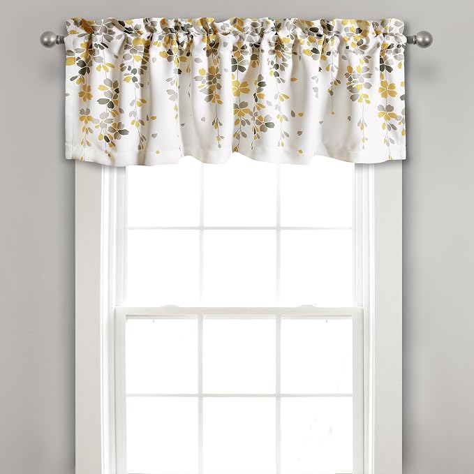 Lush Decor Weeping Flower Light Filtering Valance, 52" W x 18" L + 2" Header, Yellow & Gray - Floral Curtains - Valance Curtains - Bathroom & Kitchen Valances For Windows - Cottage & Farmhouse Decor
