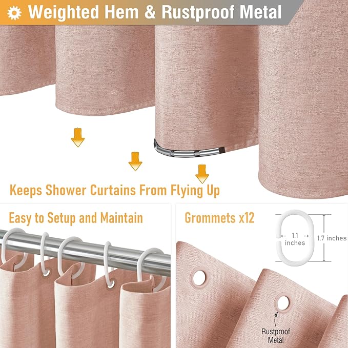Long Linen Textured Waterproof Thick Shower Curtain Set, 72x84, Blush | Tall Size, 230GSM Polyester, Heavy Duty Cloth, Weighted Hem, 12 Plastic Hooks, Modern Luxury Hotel Style, Machine Washable