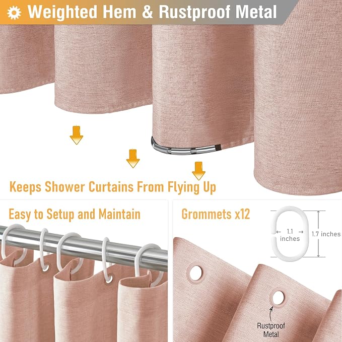 72x78 Linen Textured Waterproof Fabric Shower Curtain Set, Blush Pink | Long Size, 230GSM Polyester, Heavy Duty Cloth, Weighted Hem, 12 Plastic Hooks, Modern Luxury Hotel Style, Machine Washable