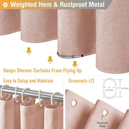 72x78 Linen Textured Waterproof Fabric Shower Curtain Set, Blush Pink | Long Size, 230GSM Polyester, Heavy Duty Cloth, Weighted Hem, 12 Plastic Hooks, Modern Luxury Hotel Style, Machine Washable