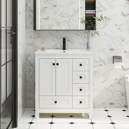 eclife 30" Bathroom Vanities with Sink Combo, Modern Thickened Wood Bathroom Storage Cabinet w/Undermount Sink, Matte Black Faucet Drain, Painted Surface, White