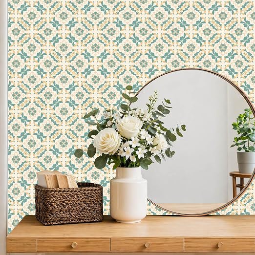 Teal Beige Floral Peel and Stick Floor Tiles 12x12 Inch 10PCS | Teal and beige floral geometric pattern vinyl floor stickers for kitchen bathroom entryway and indoor home decor