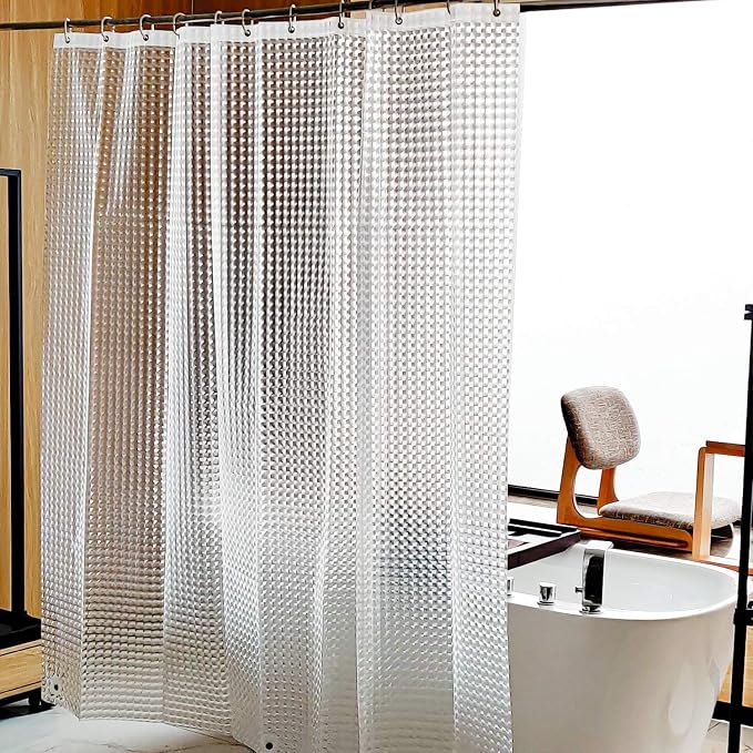 NTBAY EVA Shower Curtain Liner, 72 x 72, 6 Gauge, Clear Checkered | Water-repellent EVA Liner with 3 Bottom Magnets, 12 Reinforced Grommets, and 12 Plastic Hooks