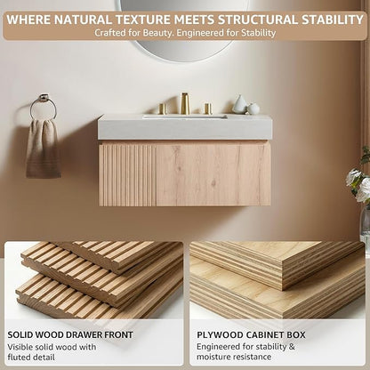 36” Floating Bathroom Vanity with Sink, Wall-Mounted Cabinet with Drawer & Doors, Roma Travertine-Pattern Countertop, Undermount Basin, 3 Faucet Hole, Soft-Close, Pre-Assembled, Light Oak