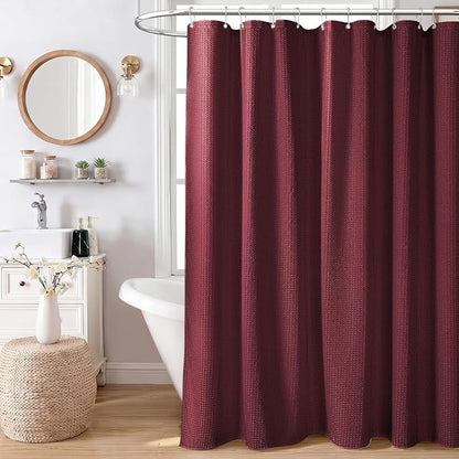 Extra Long Waffle Shower Curtain 256 GSM Fabric 72x96 Burgundy | 96 Inch Tall, Thick Cloth, Weighted Hem, Water Repellent, Hotel Luxury Polyester Shower Curtain Set for Bathroom 12 Hooks