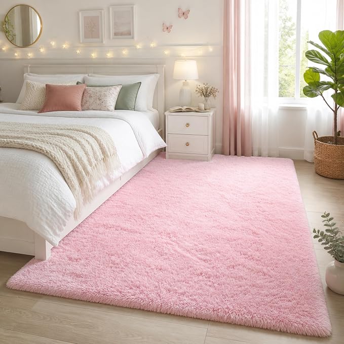 Ophanie Pink Rug for Bedroom Girls, Kids Fluffy Kawaii Fuzzy Furry Shag Area Rug, Cute Plush Soft Shaggy Bedside Indoor Floor 4x6 Carpet for Teen Nursery Dorm Home Room Decor Aesthetic