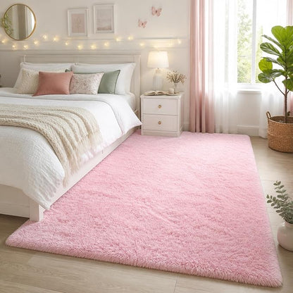 Ophanie Pink Rug for Bedroom Girls, Kids Fluffy Kawaii Fuzzy Furry Shag Area Rug, Cute Plush Soft Shaggy Bedside Indoor Floor 4x6 Carpet for Teen Nursery Dorm Home Room Decor Aesthetic