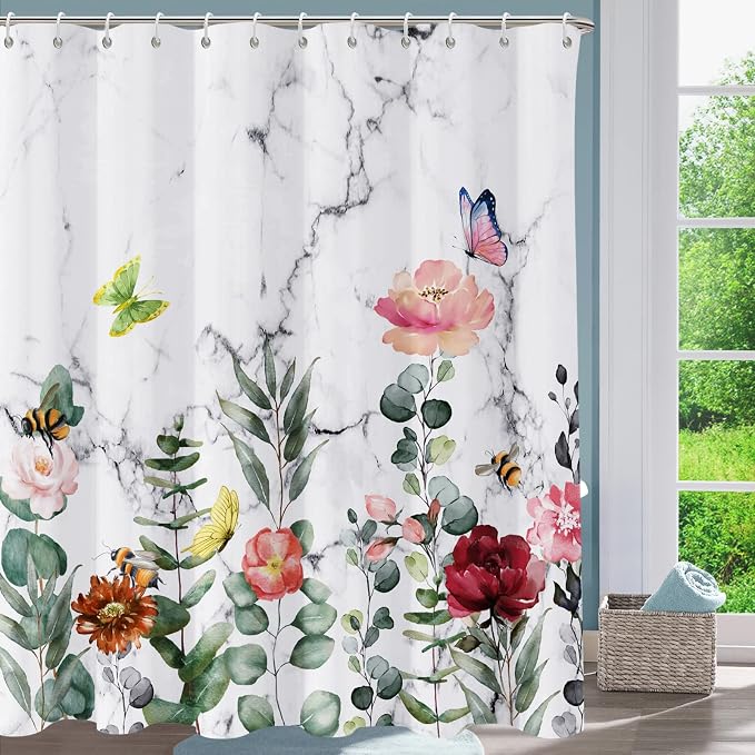 Floral Shower Curtain, Marble Flower Shower Curtains for Bathroom, Watercolor Plant Bathroom Curtain, Fabric Shower Curtains for Home Hotels Bathtubs Decor Easy Care Machine Washable 72x72