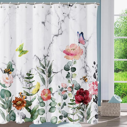 Floral Shower Curtain, Marble Flower Shower Curtains for Bathroom, Watercolor Plant Bathroom Curtain, Fabric Shower Curtains for Home Hotels Bathtubs Decor Easy Care Machine Washable 72x72