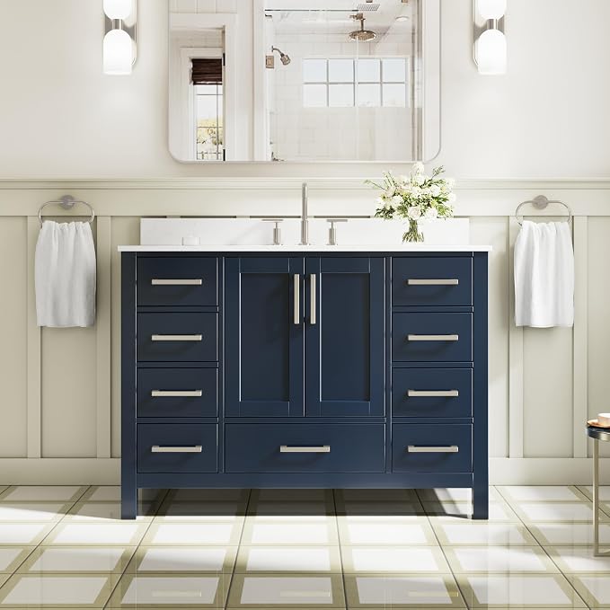 48-Inch Bathroom Vanity with Sink, 2 Soft-Close Doors and 9 Soft-Close Drawers, Bathroom Freestanding Vanity with Cultured Marble Countertop, Navy Blue Vanity with Brushed Nickel Handles