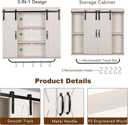 RUSTOWN Rustic Wood Wall Storage Cabinet with Two Sliding Barn Door, 3-Tier Decorative Farmhouse Vintage Cabinet for Kitchen Dining, Bathroom, Living Room, Vintage White