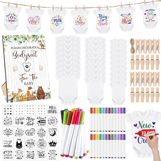 Panitay 126 Pcs Baby Shower DIY Bodysuit Set Bib 25 Blank White Newborn Bodysuit 25 Stencils 24 Marker 1 Sign 50 Pins(Woodland Animals)