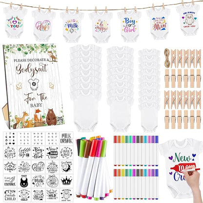 Panitay 126 Pcs Baby Shower DIY Bodysuit Set Bib 25 Blank White Newborn Bodysuit 25 Stencils 24 Marker 1 Sign 50 Pins(Woodland Animals)