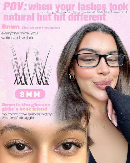 Natural Lash Clusters Only 8mm Cluster Eyelash Extensions Short Lashes Cluster Wispy Eyelash Clusters Velure Lash Extensions with Soft Clear Band Pestañas Postizas Naturales Glasses Friendly