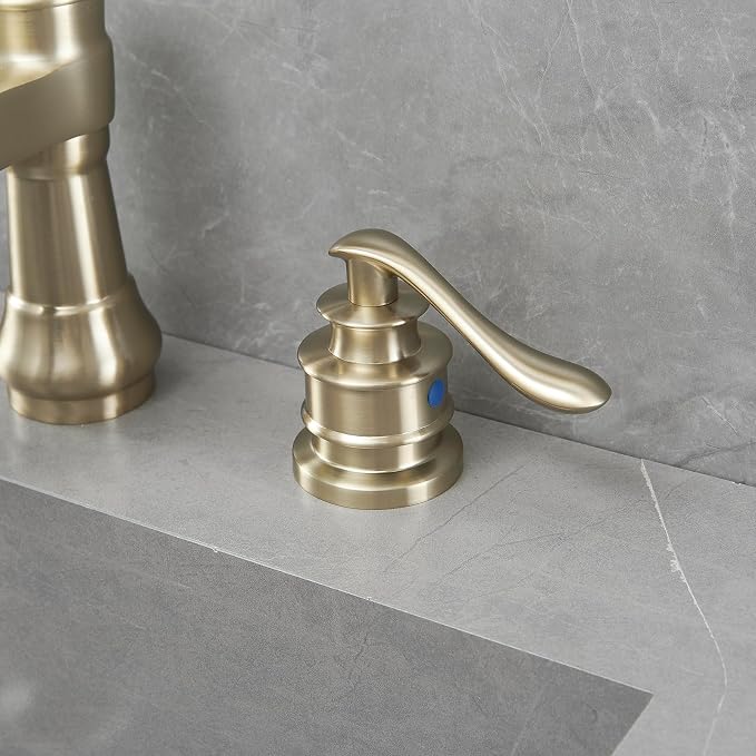 Two Handle Widespread Bathroom Faucet 3 Holes Brushed Gold | Waterfall Spout, Mixer Tap, With Pop Up Drain and Supply Lines, Solid Brass Construction, Neutral Vintage Tone