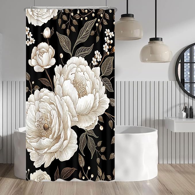 Black and Gold Stall Shower Curtain, Dark Roses Leaves Botanical Aesthetic Boho Floral Small Shower Curtain for Bathroom with Hook, Vintage Rose Gold Flowers Fabric Unique Chic Shower Curtain 36X72