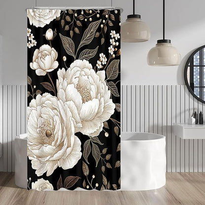 Black and Gold Stall Shower Curtain, Dark Roses Leaves Botanical Aesthetic Boho Floral Small Shower Curtain for Bathroom with Hook, Vintage Rose Gold Flowers Fabric Unique Chic Shower Curtain 36X72
