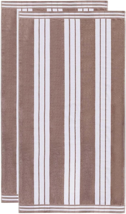 Superior Oversized Cotton Beach Towel Set of 2, Absorbent Towels for Bathroom, Beach, Pool, Swim, Adults, Kids, Vacation, Travel, Bath Sheet, Quick Dry Basics, Trip Essentials, Striped Decor, Taupe