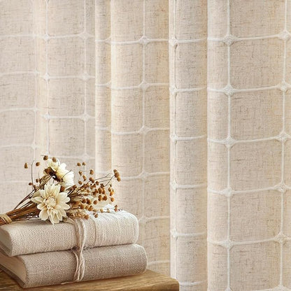 Beige Shower Curtain Linen Texture Farmhouse with Embroidered Plaid Pattern and Boho Tassels for Bathroom,72" W×72" L