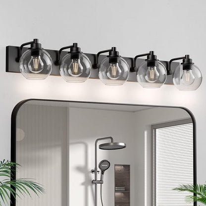 5 Light Bathroom Light Fixtures-Matte Black Bathroom Vanity Lights, Modern Vanity Lights 5-Light Bathroom Lighting Fixtures Over Mirror with Clear Glass Globe Shade