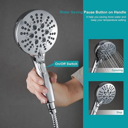 GwernKB Handheld Shower Head with ON OFF Switch & 79in Stainless Steel Hose | Built-in Power Spray,7-Setting High Pressure Spray with Bracket & Extra No Drilling Wall Shower Holder for Lower Mount,Silver