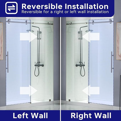 WOODBRIDGE 44-48"Wx76"H Frameless Shower Door,3/8(10mm)Clear Tempered Glass with Explosion-Proof Film, Brushed Nickel Finish with Smooth Closing Design