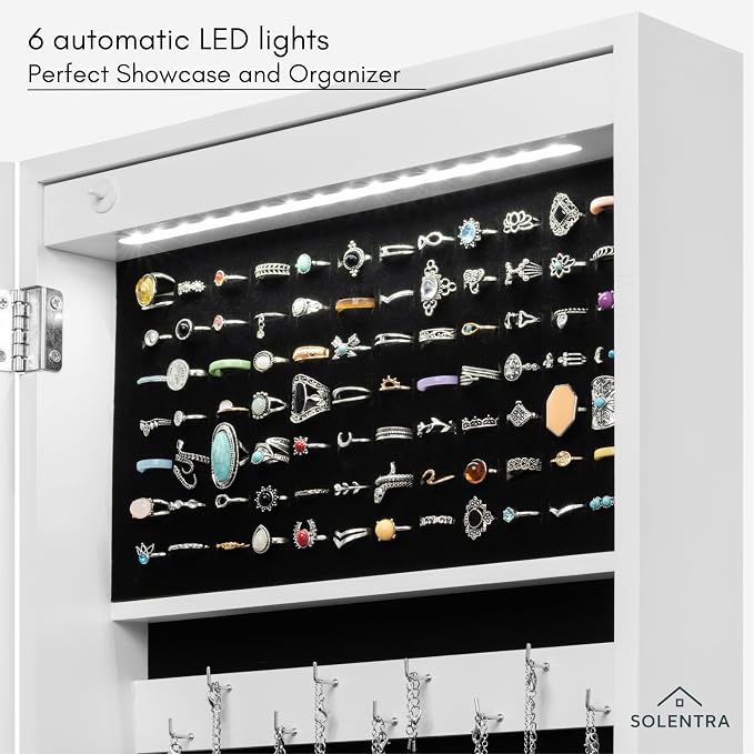 Standing Jewelry Cabinet – Full Length Mirror Jewelry Armoire Organizer with Lock, LED Lights & Multiple Storage Compartments