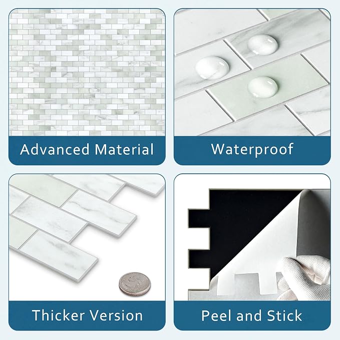 10-Sheet Subway Peel and Stick Backsplash Tile, 11.3" x 10.8" Emerald Green Stone Composite Marble Looks Self Adhesive Waterproof Wall Tile, Stick on Tiles for Kitchen Bathroom Shower Fireplace