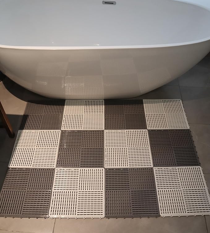 18 Pack Modular Interlocking Tiles Double Non-Slip 12"x12" Dark Gray | 0.4" Thick with Drain Holes for Pool Deck Shower Garage Basement Boat Pet Area Wet Floors Easy Install