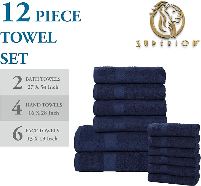 Superior 12-Piece Cotton Assorted Towel Set, Includes 6 Face Towel, 4 Hand, and 2 Bath Towels, Home, Bathroom, Guest Bath Essentials, Quick Dry, Absorbent, Franklin Collection - Navy Blue