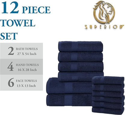 Superior 12-Piece Cotton Assorted Towel Set, Includes 6 Face Towel, 4 Hand, and 2 Bath Towels, Home, Bathroom, Guest Bath Essentials, Quick Dry, Absorbent, Franklin Collection - Navy Blue