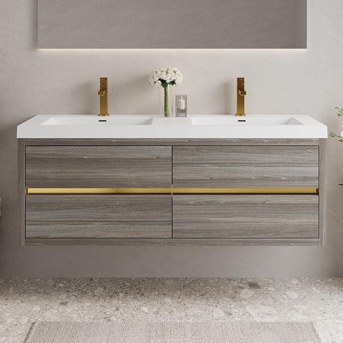 Abruzzo 60" Ash Grey Wall-Mounted Bathroom Vanity with Double Sink – Stone Resin Countertop & Soft-Close Drawers, Waterproof Wood Cabinet for Small Bathrooms