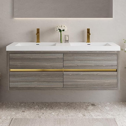 Abruzzo 60" Ash Grey Wall-Mounted Bathroom Vanity with Double Sink – Stone Resin Countertop & Soft-Close Drawers, Waterproof Wood Cabinet for Small Bathrooms