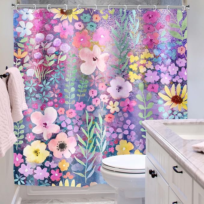 Purple Floral Boho Cute Wildflower Watercolor Bathroom Shower Curtain Set | 72"W x 72"H Leaves Botanical; waterproof HD print, quick-dry fabric with 12 hooks for easy hanging.