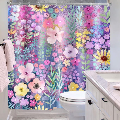 Purple Floral Boho Cute Wildflower Watercolor Bathroom Shower Curtain Set | 72"W x 72"H Leaves Botanical; waterproof HD print, quick-dry fabric with 12 hooks for easy hanging.
