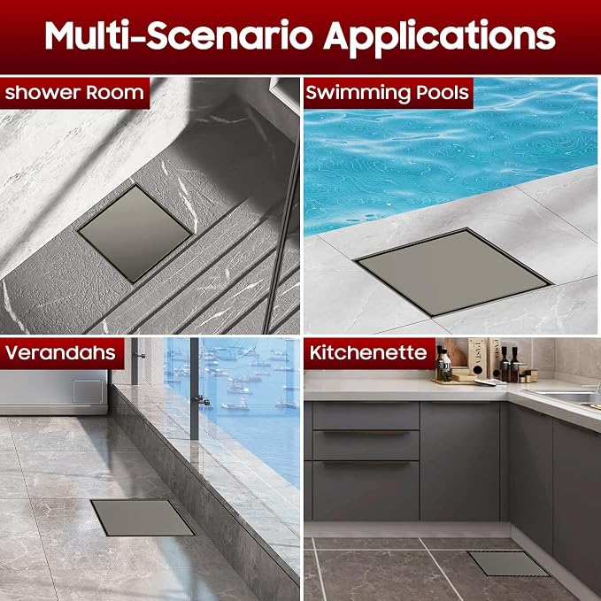 DLONE® Shower Drain | 6 Inch Gun Gray with Tile Insert Panel | Square Shower Drain, with Hair Catcher, Shower Floor Drain Fits Bathroom & Balcony etc