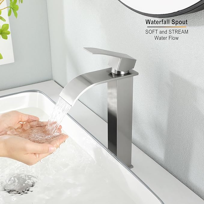 Vessel Sink Bathroom Faucet, Brushed Nickel Single Hole Waterfall Sink Faucets with Supply Hose and Pop Up Drain, Tall Waterfall Faucet for Bathroom Sink, JXM1221BN