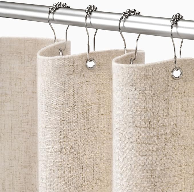 Linen Shower Curtain Beige, Fabric Boho Farmhouse Shower Curtains for Bathroom Cream Cotton Natural Cloth Liner Set 72" W x 96" L